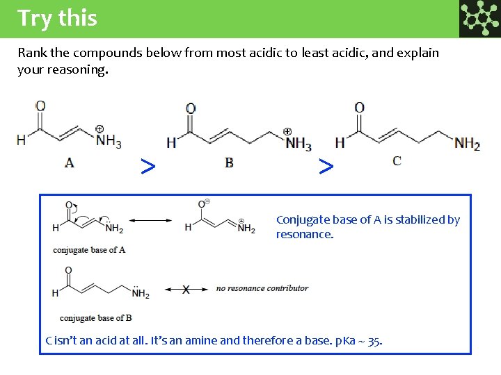 Try this Rank the compounds below from most acidic to least acidic, and explain