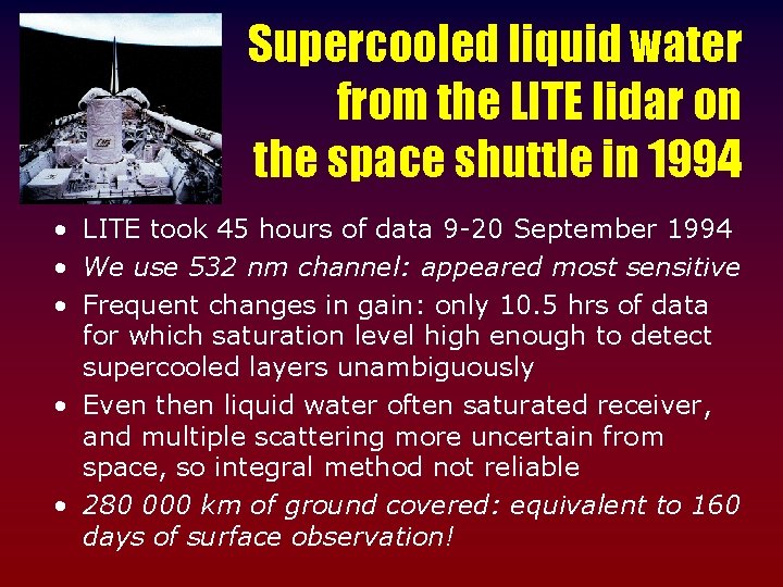 Supercooled liquid water from the LITE lidar on the space shuttle in 1994 •