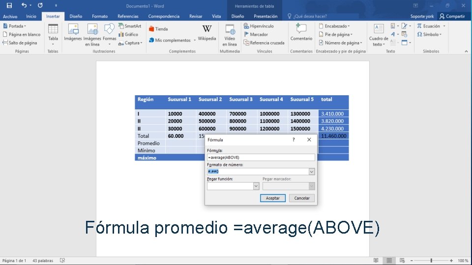 Fórmula promedio =average(ABOVE) 