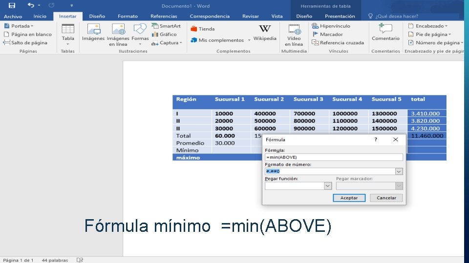 Fórmula mínimo =min(ABOVE) 
