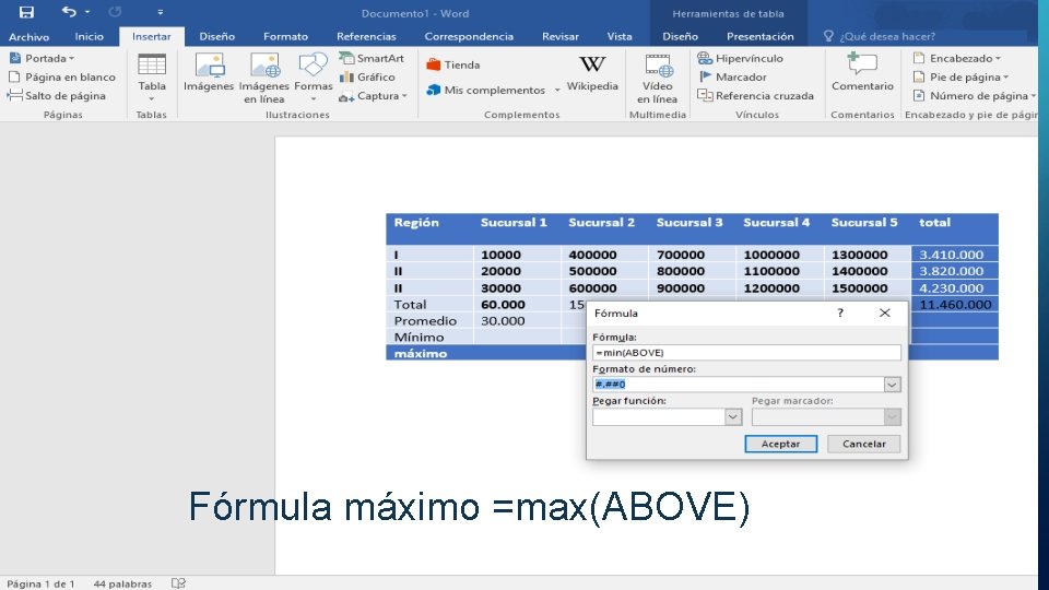 Fórmula máximo =max(ABOVE) 