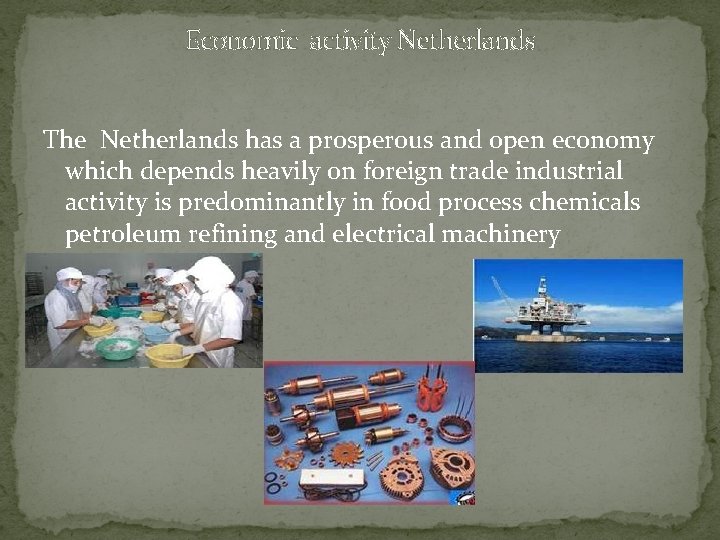Economic activity Netherlands The Netherlands has a prosperous and open economy which depends heavily