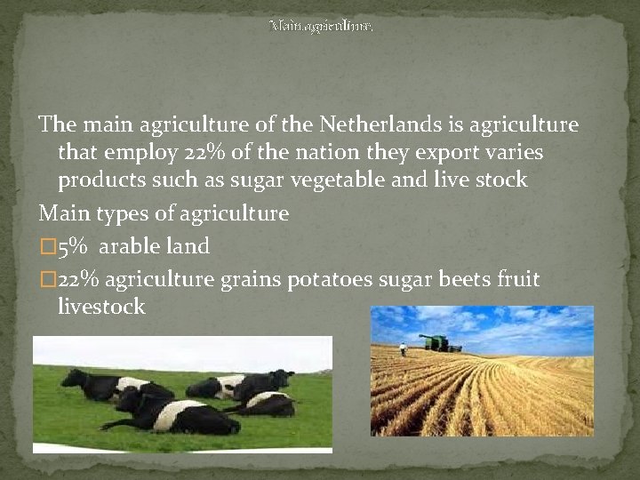 Main agriculture The main agriculture of the Netherlands is agriculture that employ 22% of