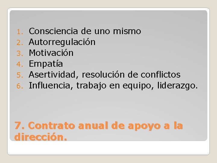 1. 2. 3. 4. 5. 6. Consciencia de uno mismo Autorregulación Motivación Empatía Asertividad,