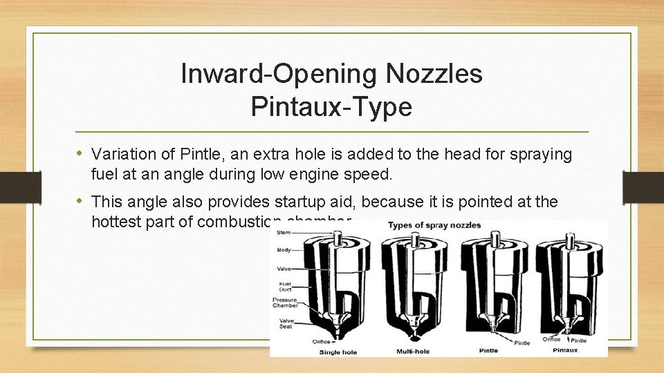 Inward-Opening Nozzles Pintaux-Type • Variation of Pintle, an extra hole is added to the