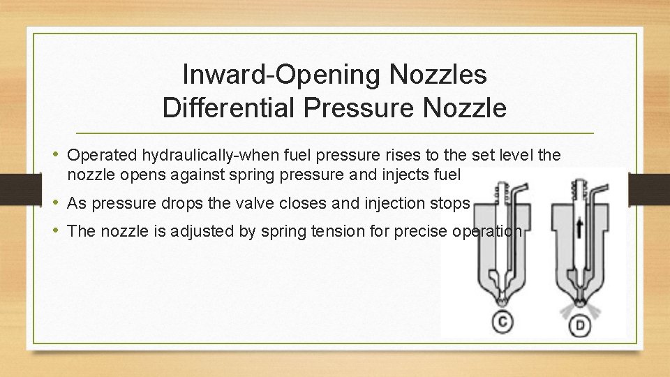 Inward-Opening Nozzles Differential Pressure Nozzle • Operated hydraulically-when fuel pressure rises to the set