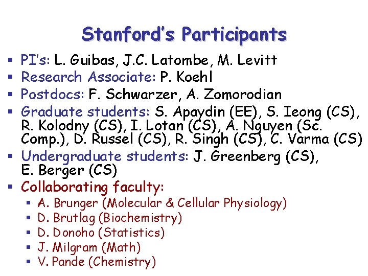 Stanford’s Participants PI’s: L. Guibas, J. C. Latombe, M. Levitt Research Associate: P. Koehl