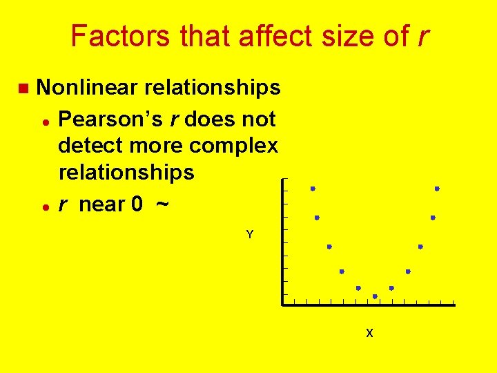 Factors that affect size of r n Nonlinear relationships l Pearson’s r does not