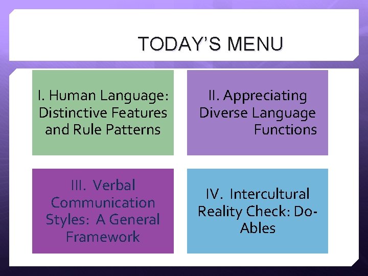 TODAY’S MENU I. Human Language: Distinctive Features and Rule Patterns II. Appreciating Diverse Language TODAY’S MENU I. Human Language: Distinctive Features and Rule Patterns II. Appreciating Diverse Language