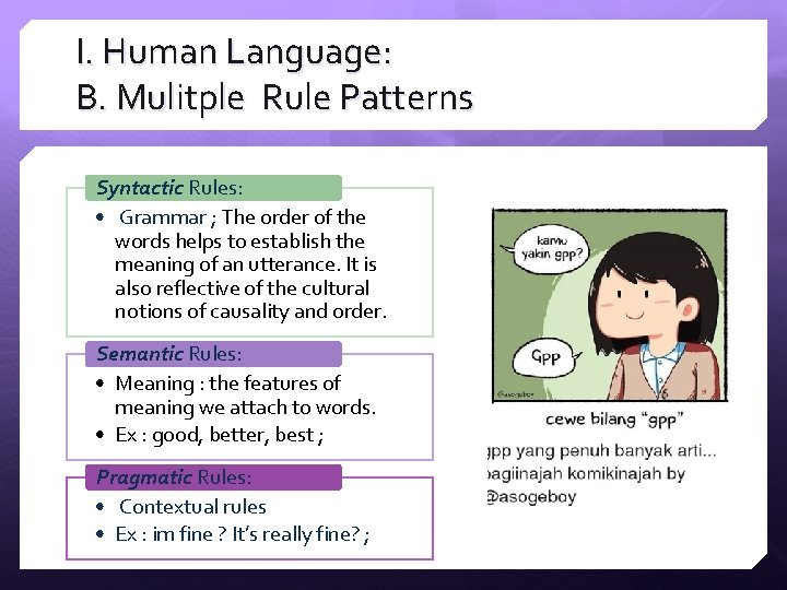 I. Human Language: B. Mulitple Rule Patterns Syntactic Rules: • Grammar ; The order I. Human Language: B. Mulitple Rule Patterns Syntactic Rules: • Grammar ; The order