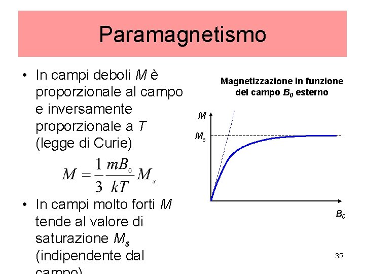 Paramagnetismo • In campi deboli M è proporzionale al campo e inversamente proporzionale a