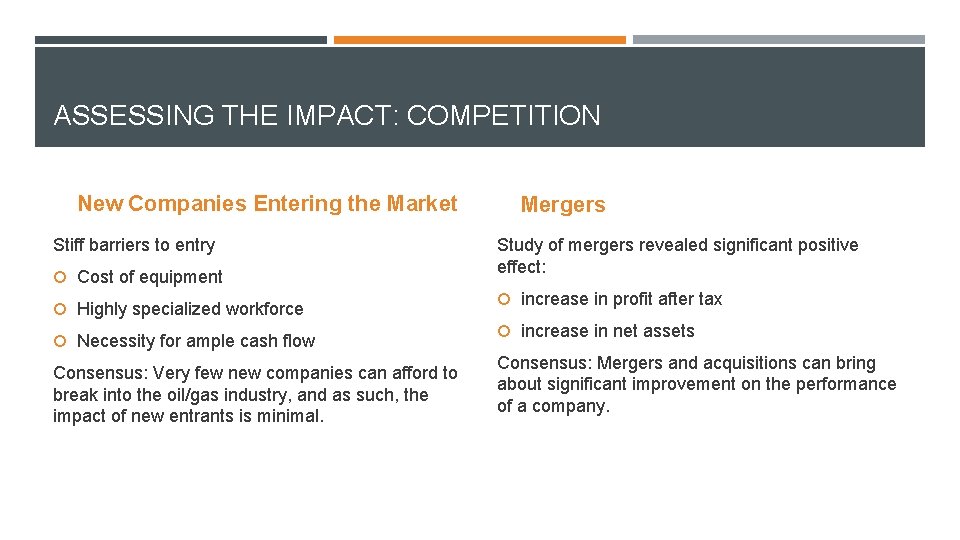 ASSESSING THE IMPACT: COMPETITION New Companies Entering the Market Stiff barriers to entry Cost