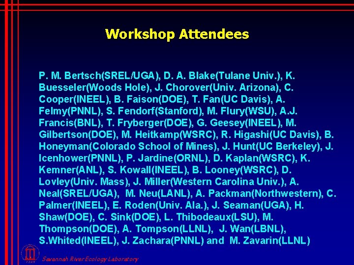 Workshop Attendees P. M. Bertsch(SREL/UGA), D. A. Blake(Tulane Univ. ), K. Buesseler(Woods Hole), J.
