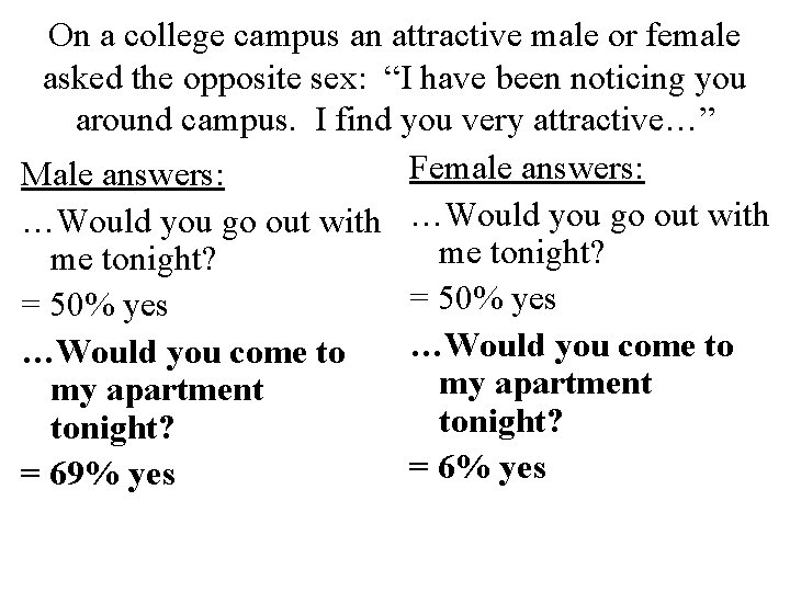 On a college campus an attractive male or female asked the opposite sex: “I