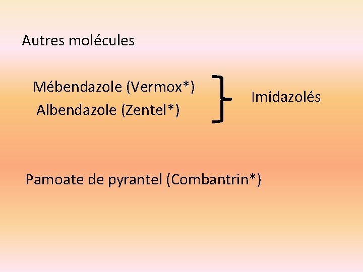 Autres molécules Mébendazole (Vermox*) Albendazole (Zentel*) Imidazolés Pamoate de pyrantel (Combantrin*) 