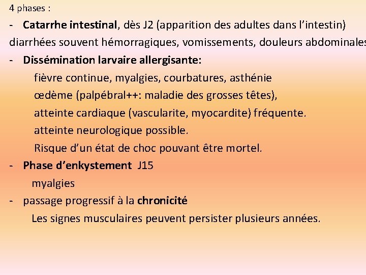 4 phases : - Catarrhe intestinal, dès J 2 (apparition des adultes dans l’intestin)