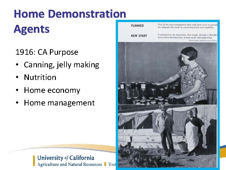 Home Demonstration Agents 1916: CA Purpose • Canning, jelly making • Nutrition • Home
