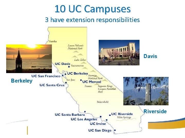 10 UC Campuses 3 have extension responsibilities Davis Berkeley Riverside 