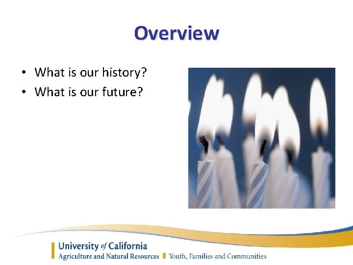Overview • What is our history? • What is our future? 