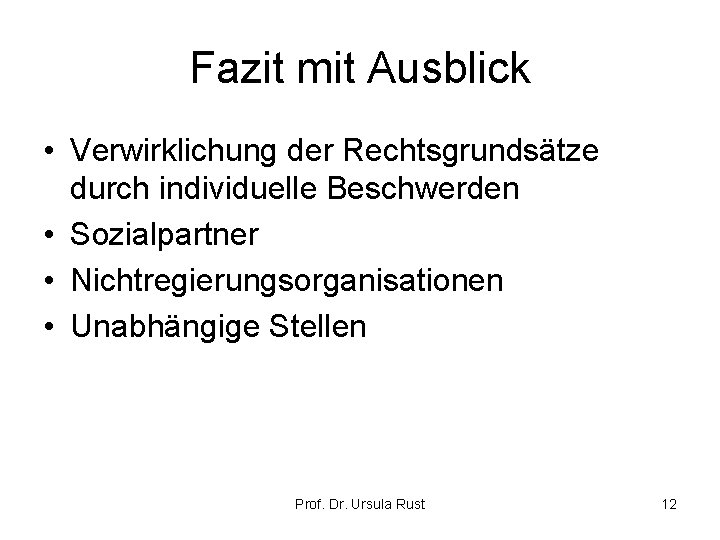 Fazit mit Ausblick • Verwirklichung der Rechtsgrundsätze durch individuelle Beschwerden • Sozialpartner • Nichtregierungsorganisationen