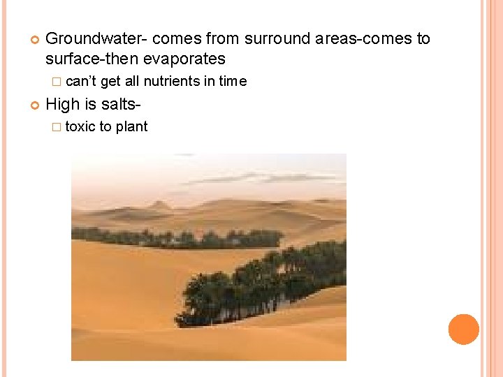  Groundwater- comes from surround areas-comes to surface-then evaporates � can’t get all nutrients