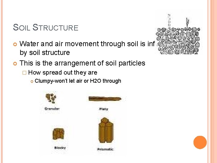 SOIL STRUCTURE Water and air movement through soil is influenced by soil structure This