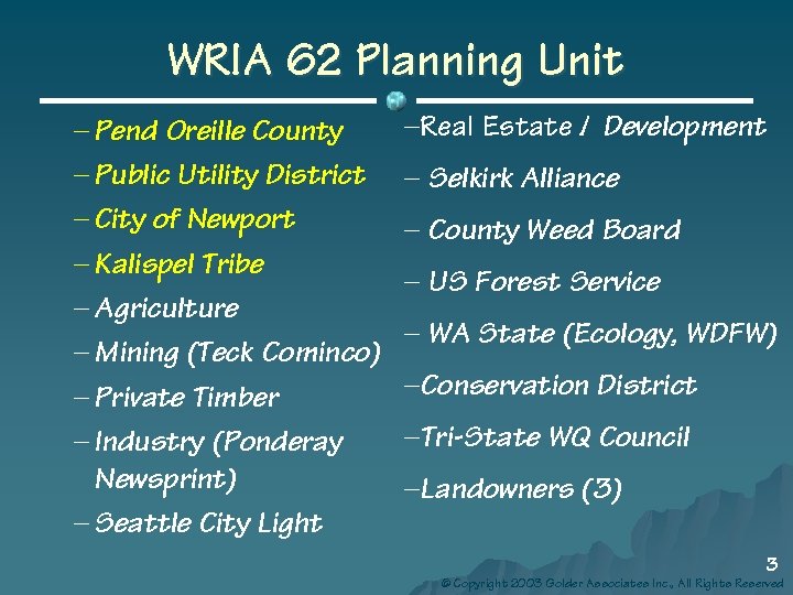 WRIA 62 Planning Unit – Pend Oreille County – Public Utility District – City
