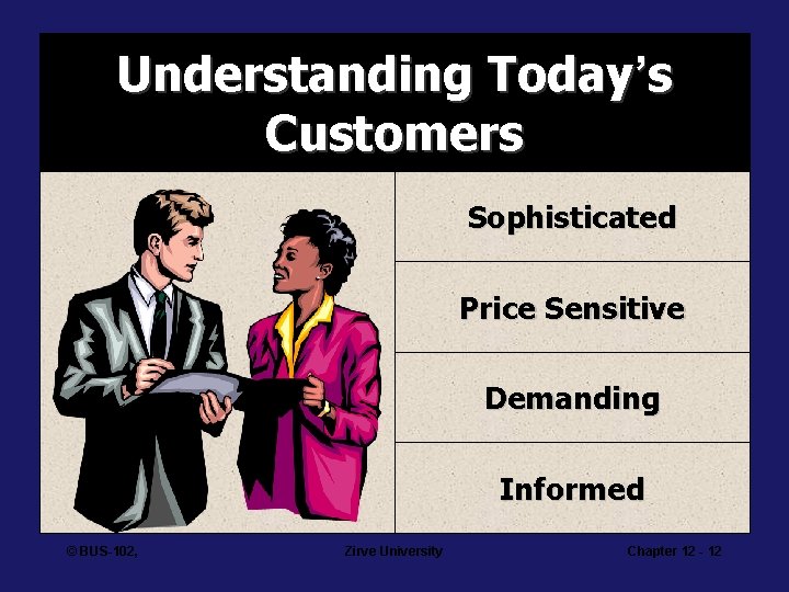 Understanding Today’s Customers Sophisticated Price Sensitive Demanding Informed © BUS-102, Zirve University Chapter 12