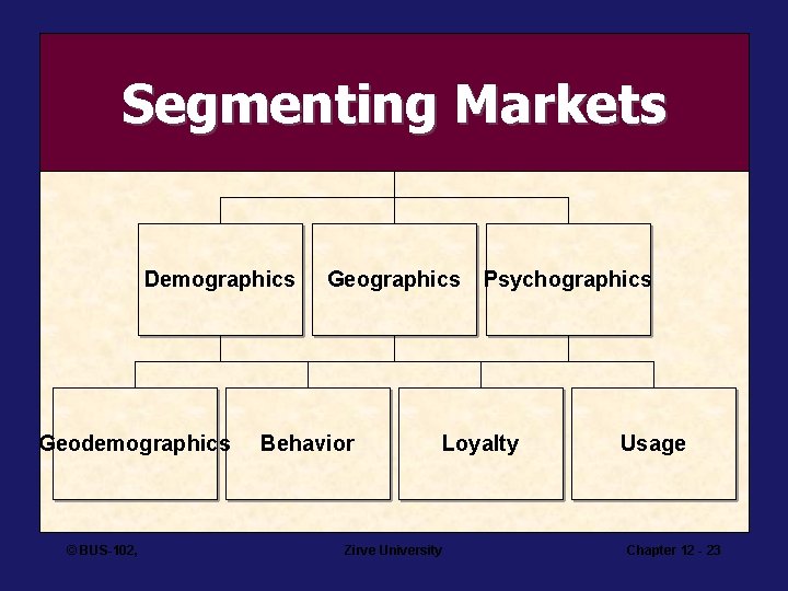 Segmenting Markets Demographics Geodemographics © BUS-102, Geographics Behavior Psychographics Loyalty Zirve University Usage Chapter