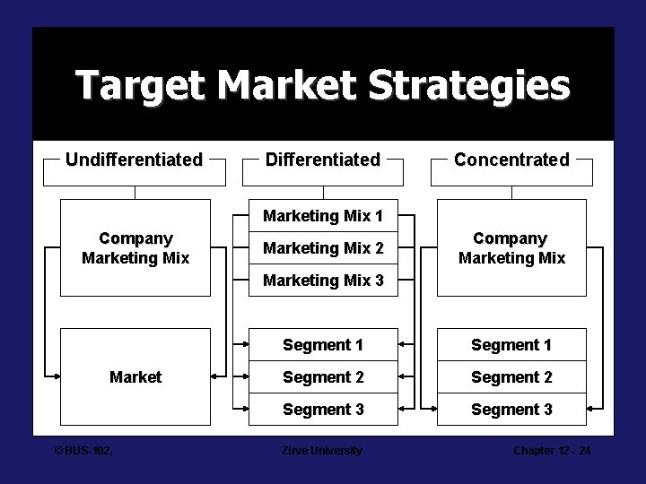 Target Market Strategies Undifferentiated Differentiated Concentrated Marketing Mix 1 Company Marketing Mix 2 Company