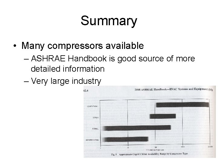 Summary • Many compressors available – ASHRAE Handbook is good source of more detailed