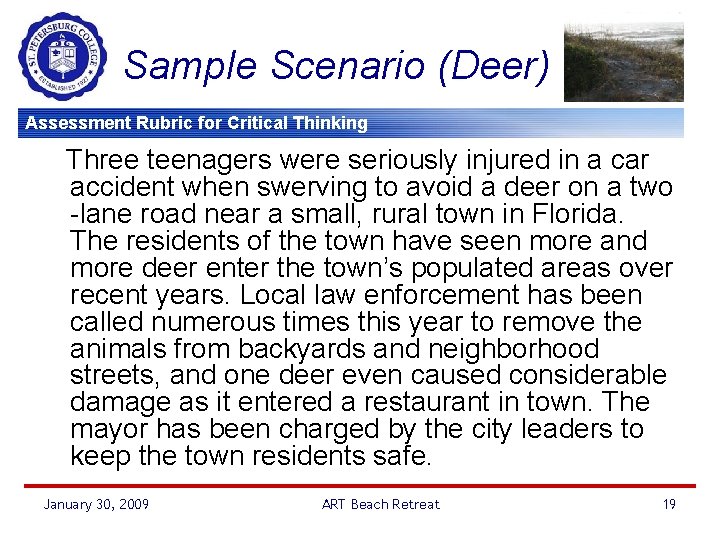 Sample Scenario (Deer) Assessment Rubric for Critical Thinking Three teenagers were seriously injured in