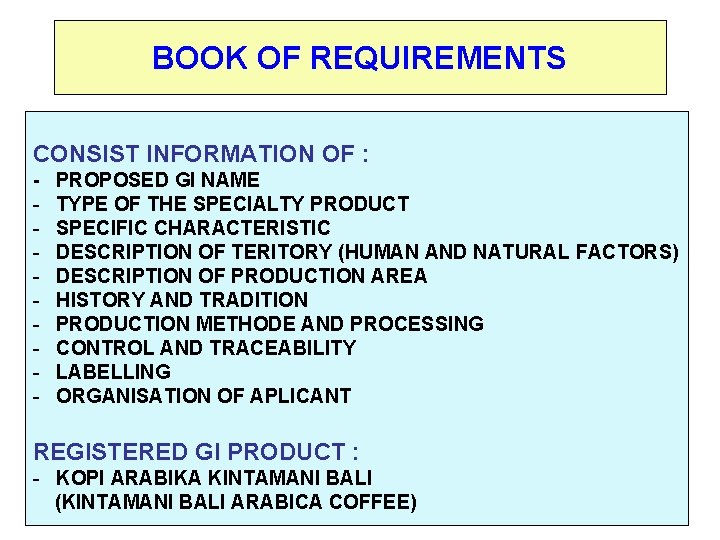 BOOK OF REQUIREMENTS CONSIST INFORMATION OF : - PROPOSED GI NAME TYPE OF THE