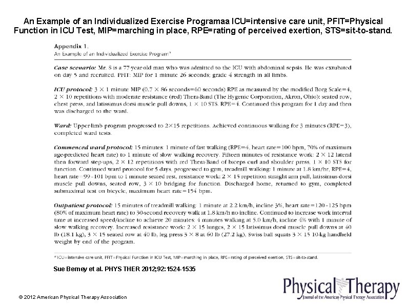 An Example of an Individualized Exercise Programaa ICU=intensive care unit, PFIT=Physical Function in ICU