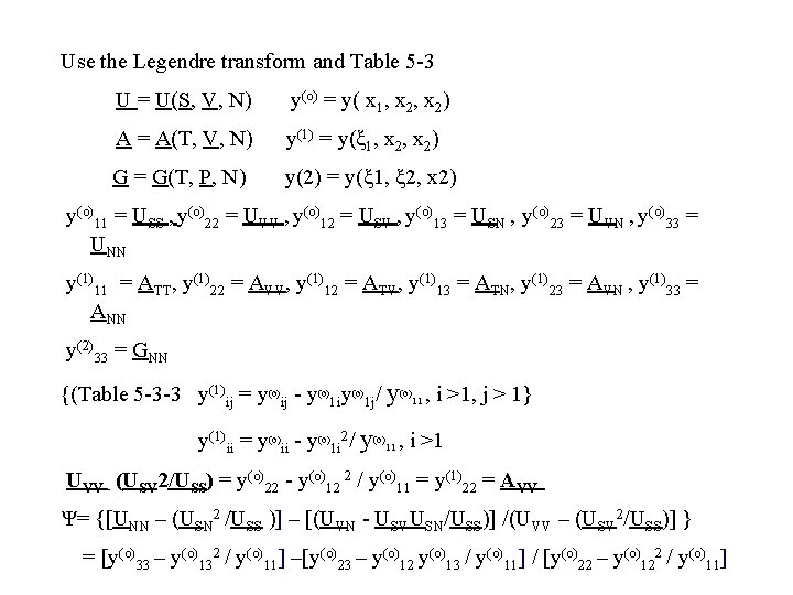 Use the Legendre transform and Table 5 -3 U = U(S, V, N) y(o)