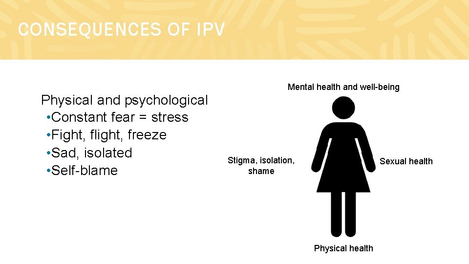 CONSEQUENCES OF IPV Mental health and well-being Physical and psychological • Constant fear =