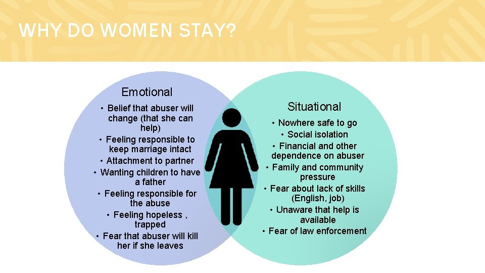 WHY DO WOMEN STAY? Emotional • Belief that abuser will change (that she can