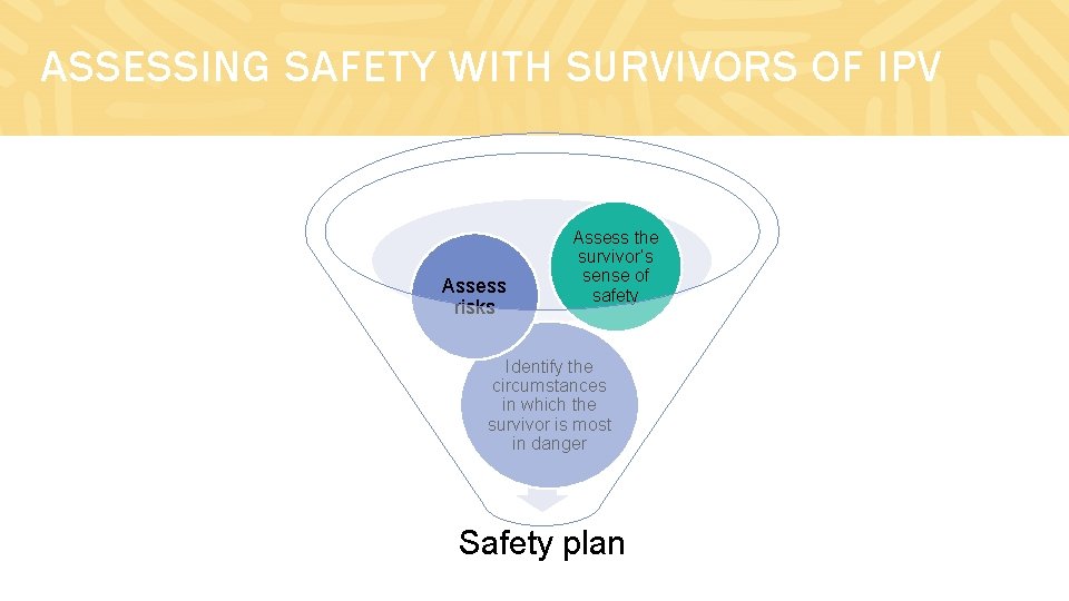 ASSESSING SAFETY WITH SURVIVORS OF IPV Assess risks Assess the survivor’s sense of safety