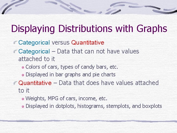 Displaying Distributions with Graphs Categorical versus Quantitative Categorical – Data that can not have