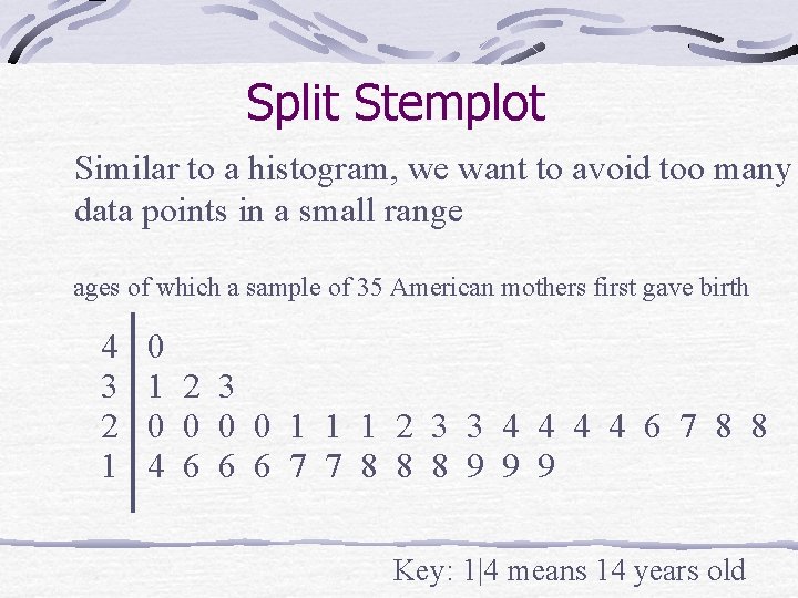 Split Stemplot Similar to a histogram, we want to avoid too many data points