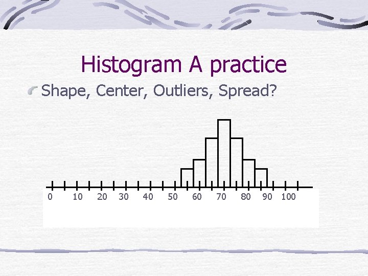 Histogram A practice Shape, Center, Outliers, Spread? 0 10 20 30 40 50 60