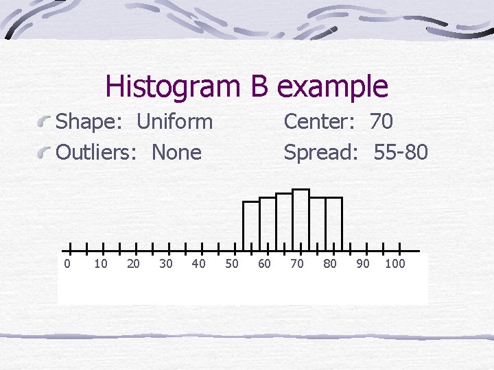 Histogram B example Shape: Uniform Outliers: None 0 10 20 30 40 Center: 70