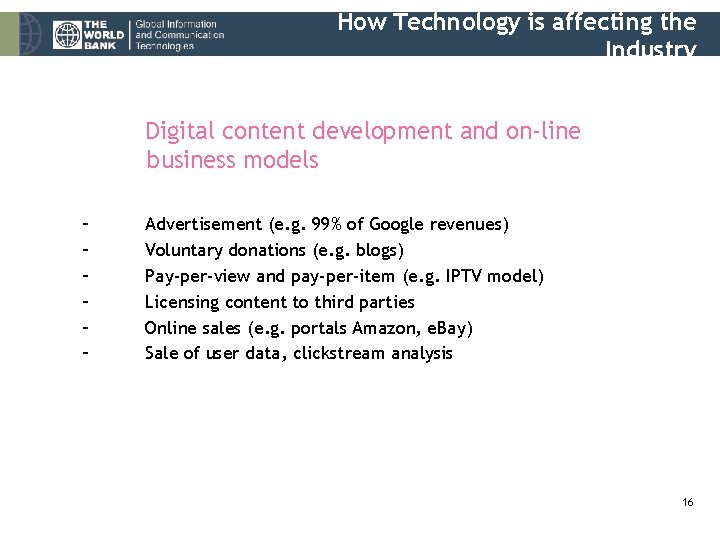 How Technology is affecting the Industry Digital content development and on-line business models –