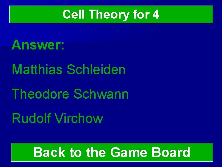 Cell Theory for 4 Answer: Matthias Schleiden Theodore Schwann Rudolf Virchow Back to the
