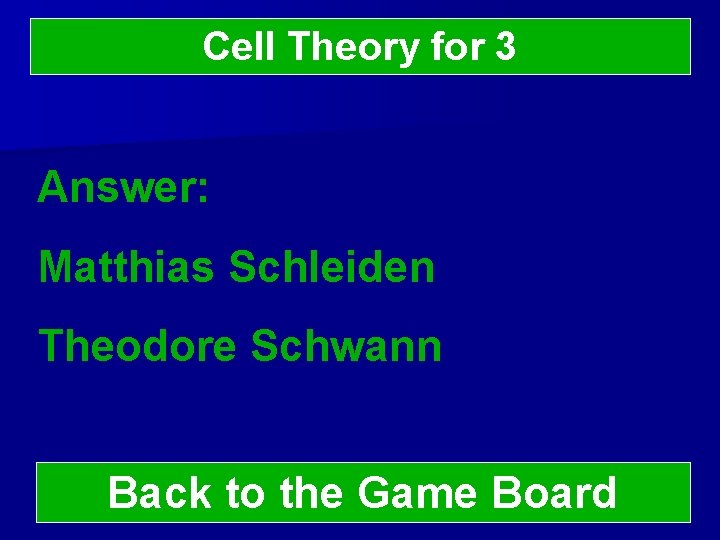 Cell Theory for 3 Answer: Matthias Schleiden Theodore Schwann Back to the Game Board