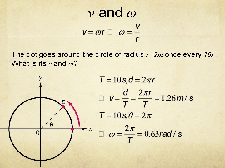 v and ω The dot goes around the circle of radius r=2 m once