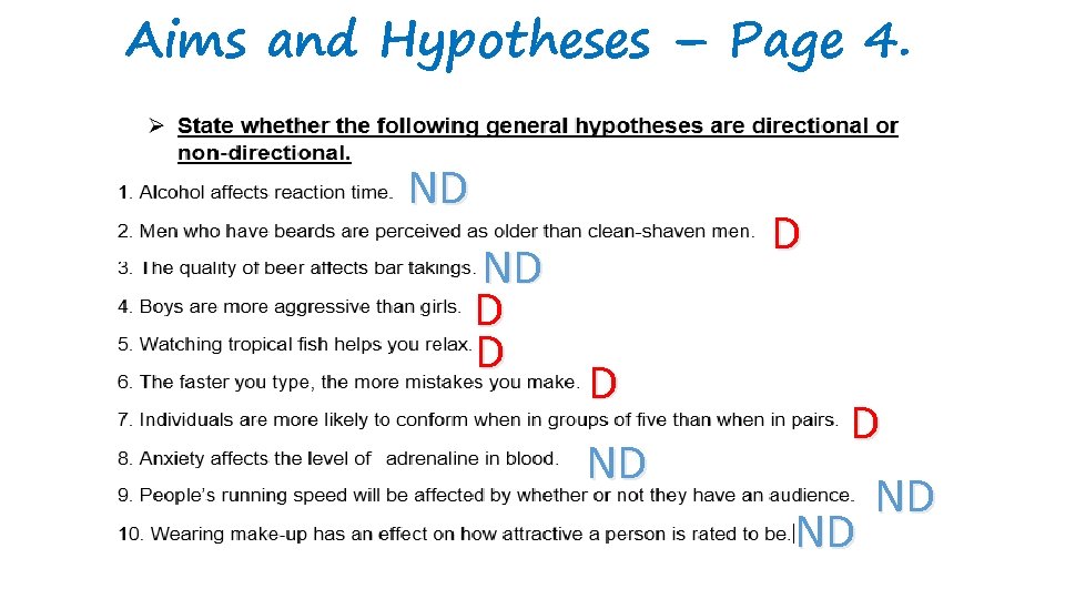 Aims and Hypotheses – Page 4. ND ND D D ND ND 