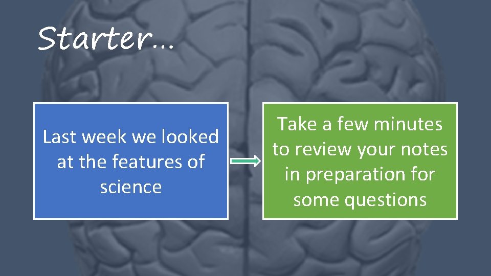 Starter… Last week we looked at the features of science Take a few minutes