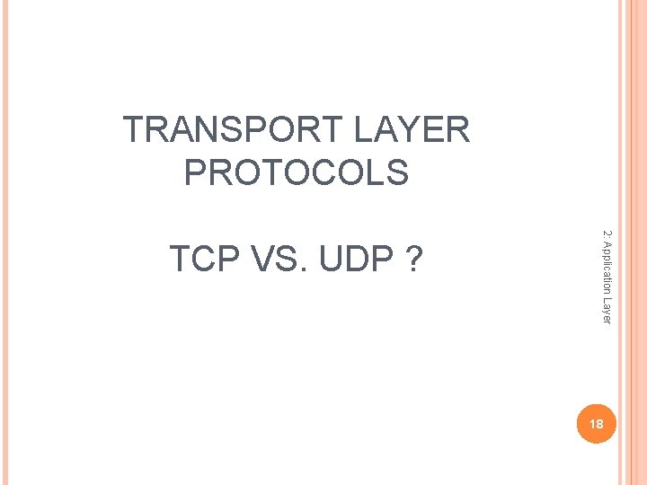 TRANSPORT LAYER PROTOCOLS 2: Application Layer TCP VS. UDP ? 18 