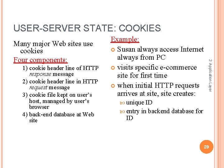 USER-SERVER STATE: COOKIES 1) cookie header line of HTTP response message 2) cookie header